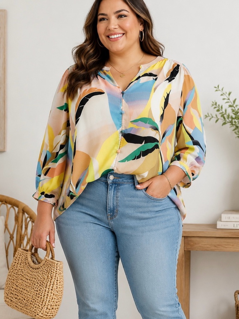 Rose + Olive 1X Abstract Print Blouse | Colorful Button Front 3/4 Sleeve Top